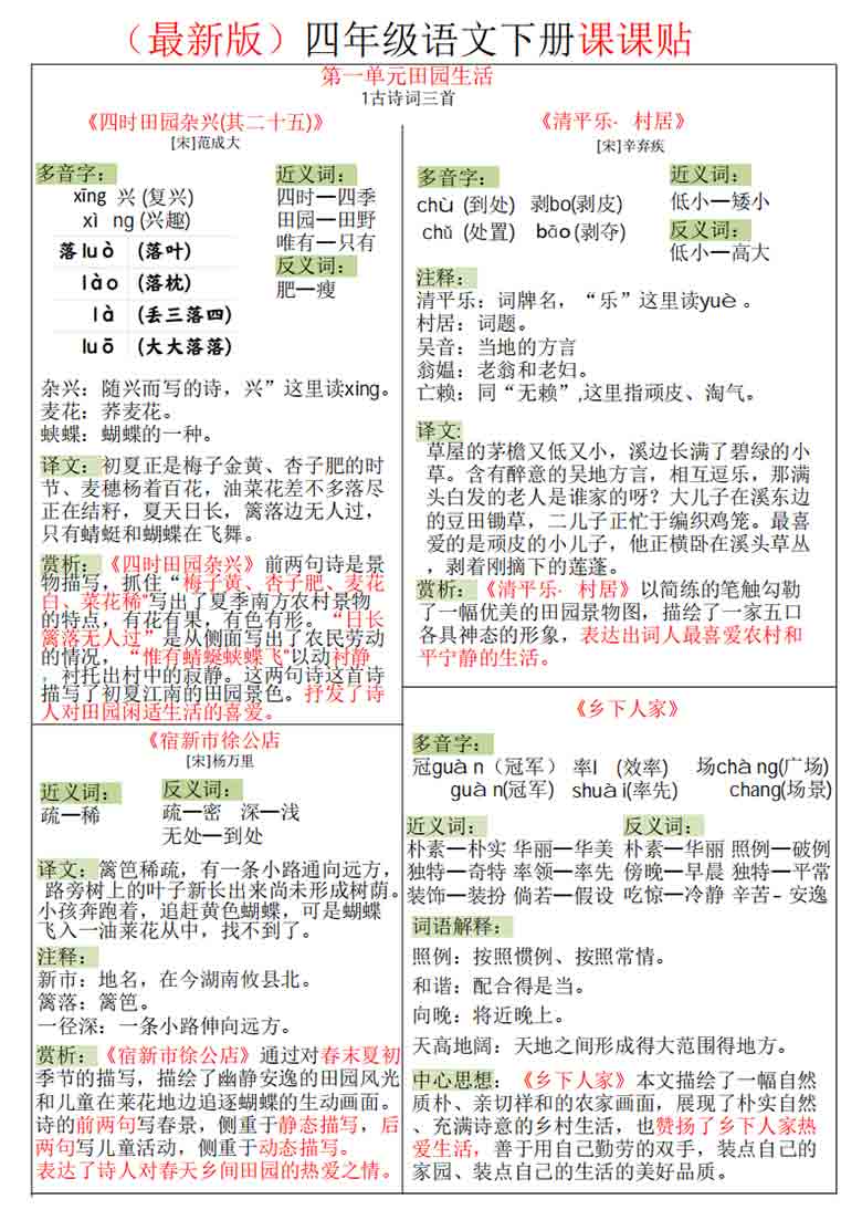 四年级语文下册课课贴，8页PDF可打印