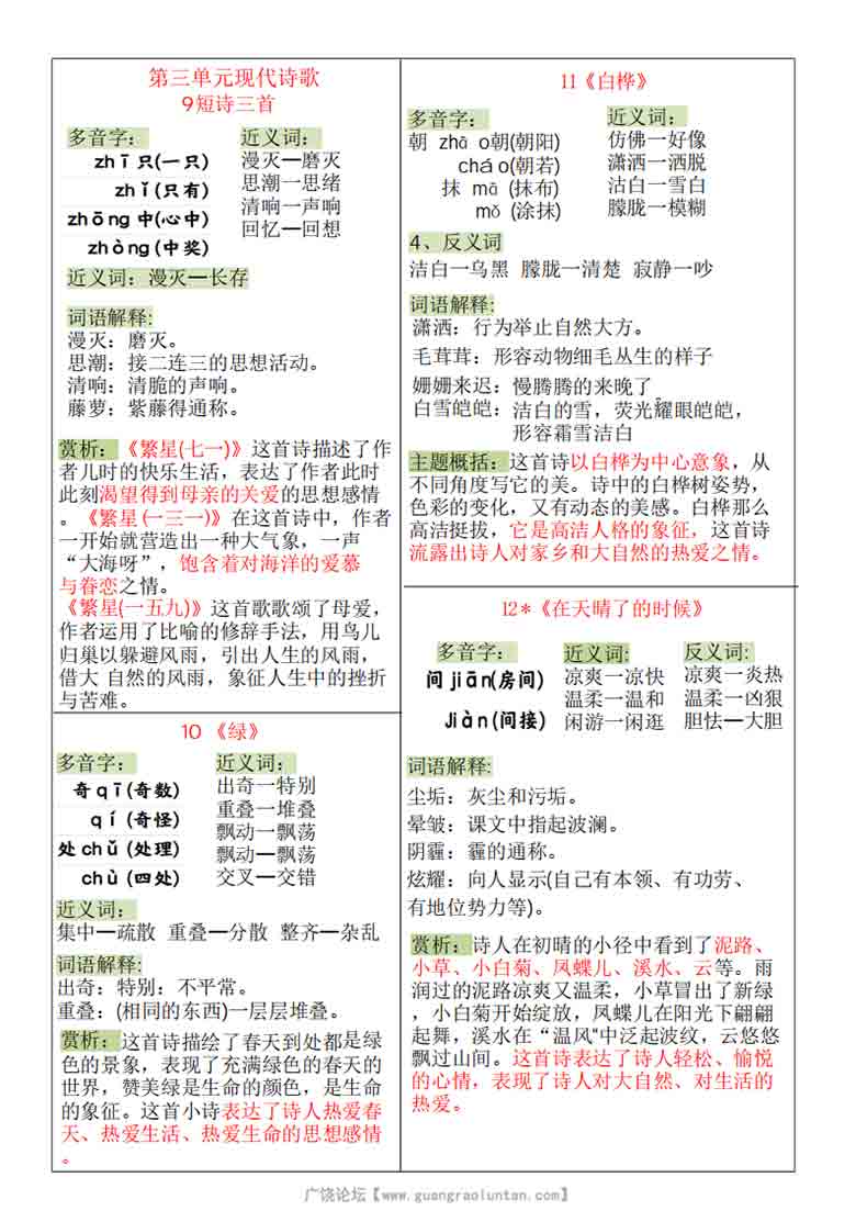 四年级语文下册课课贴，8页PDF可打印