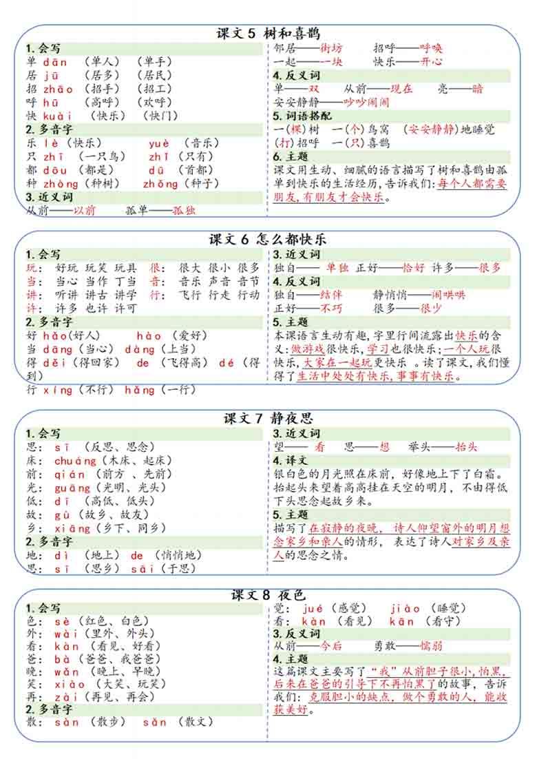 一年级下册语文彩色每课一贴，8页PDF可打印