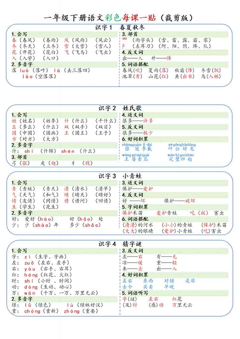 一年级下册语文彩色每课一贴，8页PDF可打印