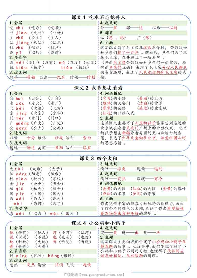 一年级下册语文彩色每课一贴，8页PDF可打印