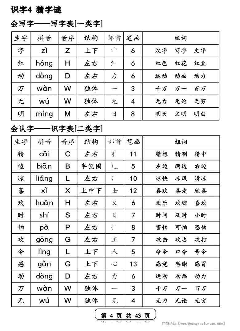 一年级语文下册生字音序预习卡(写字表一类字+识字表二类字)，43页PDF电子版 ...