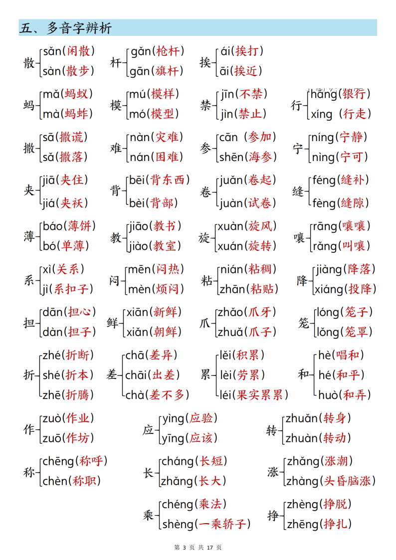 三年级下册语文知识点汇总，17页PDF可打印