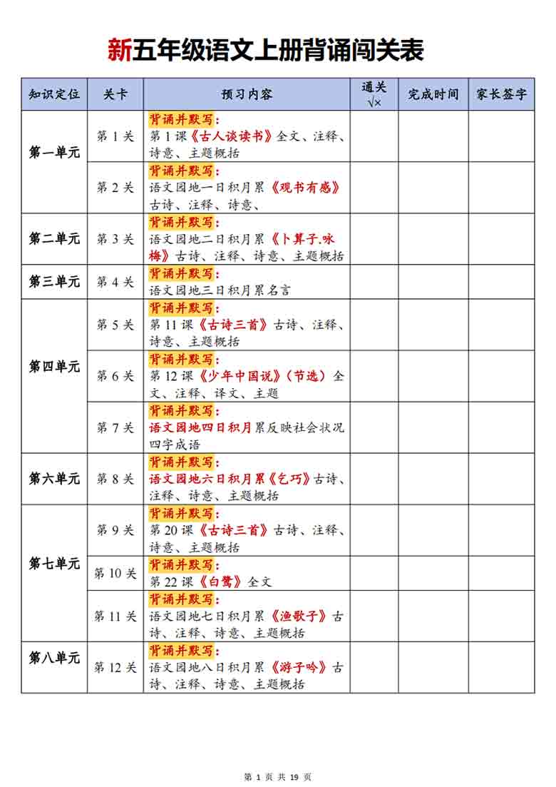 五年级语文上册背诵闯关表，19页PDF可打印