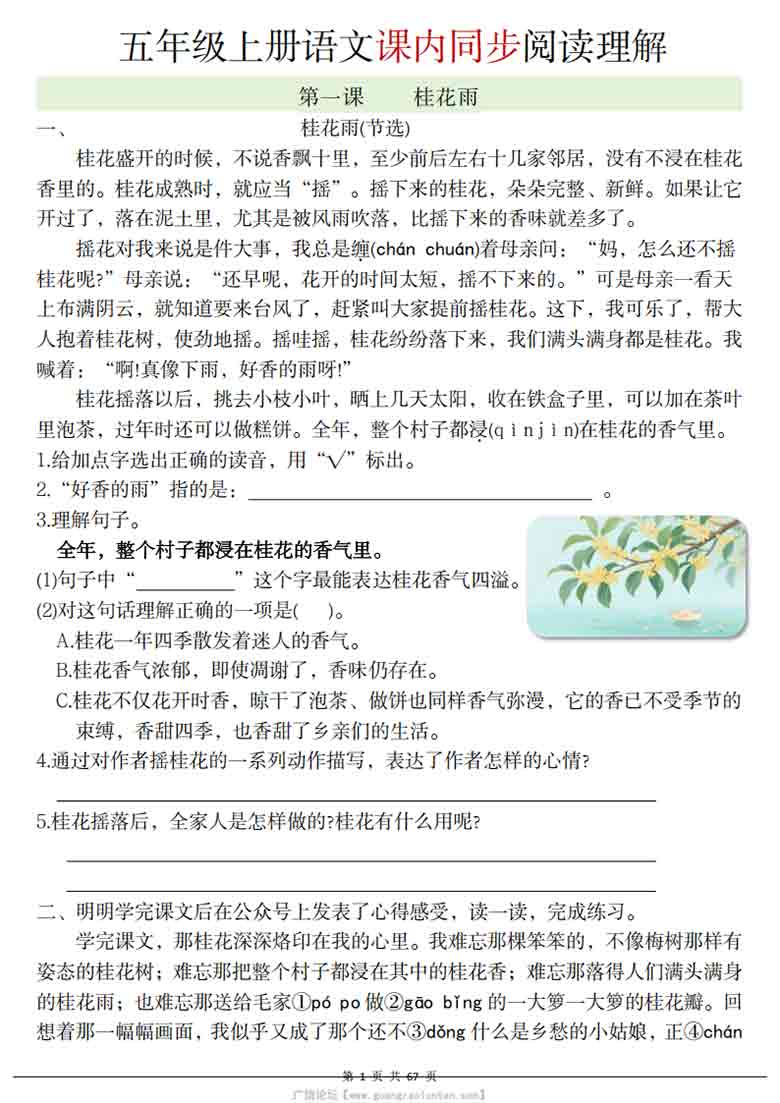 2026秋五年级上册语文课内同步阅读理解，67页PDF可打印