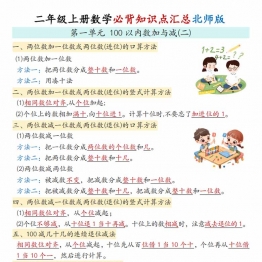二年级上册数学必背知识点汇总北师大版，8页PDF电子版学习资料