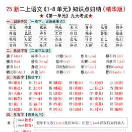二年级上册语文1-8单元知识点归纳（精华版），22页PDF可打印学习资料
