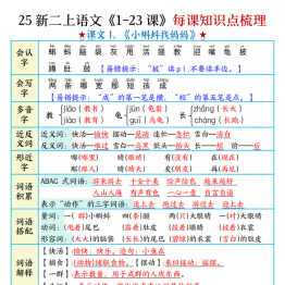 二年级上册语文1-23课每课知识点梳理，27页PDF可打印