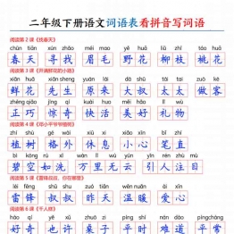 二年级下册语文词语表看拼音写词语，有答案12页PDF电子版学习资料