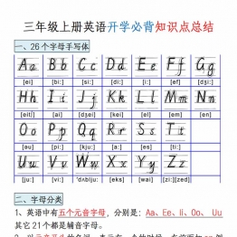 三年级上册英语开学必背知识总结，8页PDF电子版学习资料