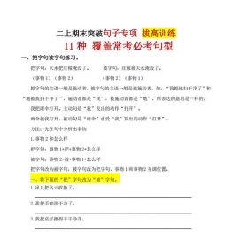 二年级上册语文期末突破句子专项拔高训练，有答案10页PDF电子版学习资料