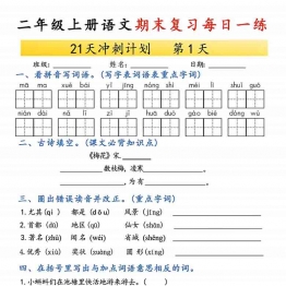 二年级上册语文期末复习每日一练21天冲刺计划，有答案42页PDF电子版学习资料