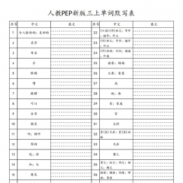 人教PEP新版三上单词默写表表，3页PDF电子版学习资料可下载打印