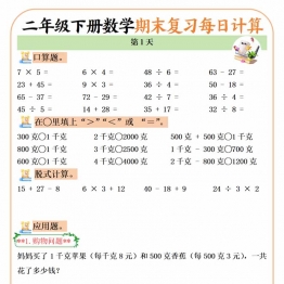 二年级下册数学期末复习每日计算练习20天，20页PDF电子版可打印学习资料