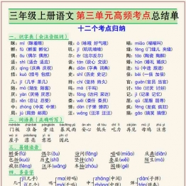三年级上册语文第三单元高频考点总结单十二个考点归纳，3页PDF电子版