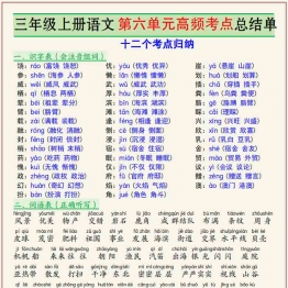 三年级上册语文第六单元高频考点总结单十二个考点归纳，3页PDF可打印