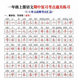 一年级上册语文期中复习考点通关练习（空白版+答案版），14页PDF可打印学习资料
