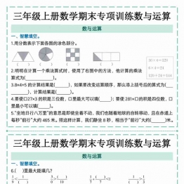 三年级上册数学期末专项训练数与运算，有答案8页PDF电子版