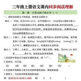 三年级上册语文课内同步阅读理解，有答案52页PDF电子版学习资料