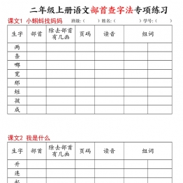 二年级上册语文部首查字法专项练习，15页PDF可打印学习资料