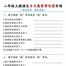 二年级上册语文8大类常考句型专项练习（含答案），14页PDF可打印
