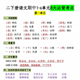 二年级下册语文期中1-4单元8大必背考点，13页PDF电子版学习资料