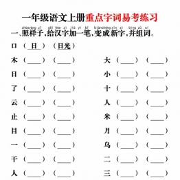 一年级语文上册重点字词易考练习，12页PDF可打印