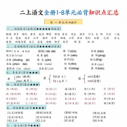 二年级上册语文全册1-8单元必背知识点汇总，17页PDF可打印学习资料