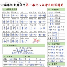 二年级上册语文1-8单元八大考点默写通关，8页PDF可打印