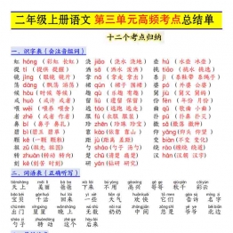 二年级上册语文第三单元高频考点总结单十二个考点归纳，3页PDF电子版