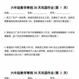 六年级数学寒假作业每日一练30天，28页PDF电子版资料