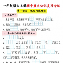 一年级语文上册期中重点知识复习专练，30页PDF电子版学习资料