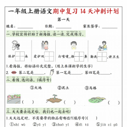 一年级上册语文期中复习14天冲刺计划，带答案16页PDF电子版学习资料
