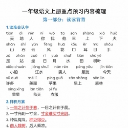 一年级上册语文必备知识点汇总，6页PDF电子版