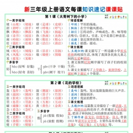 三年级上册语文每课知识速记课课贴，9页PDF可打印学习资料