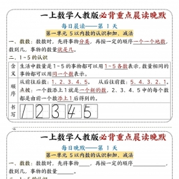 一年级上册数学人教版必背重点晨读晚默，14页PDF电子版学习资料