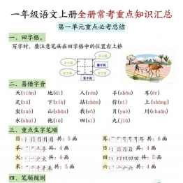 一年级语文上册全册常考重点知识汇总，20页PDF可打印学习资料