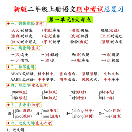 二年级上册语文期中考试总复习高频考点汇总，8页PDF电子版学习资料