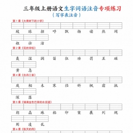 三年级上册语文生字词语注音专项练习（写字表、识字表、词语表），12页PDF可打印练字资料