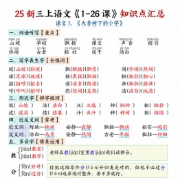 三年级上册语文全册1-26课知识点总结，46页PDF电子版学习资料
