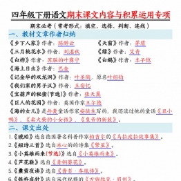 四年级下册语文期末课文内容与积累运用专项，15页PDF可打印学习资料电子版