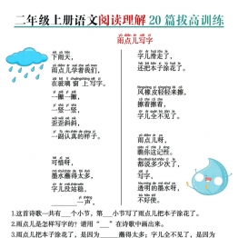 二年级上册语文阅读理解20篇拔高训练，40页PDF电子版学习资料