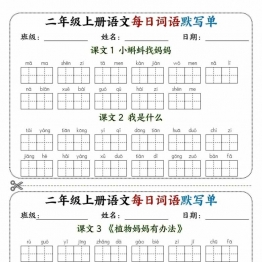 二年级上册语文每日词语默写单，带答案14页PDF电子版学习资料