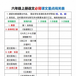 六年级上册语文必背课文重点闯关表，6页PDF电子版学习资料