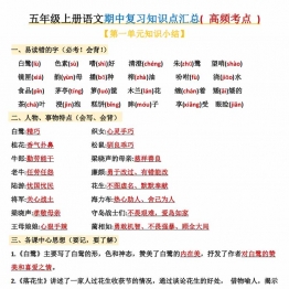 五年级上册语文期中复习知识点汇总，11页PDF可打印学习资料