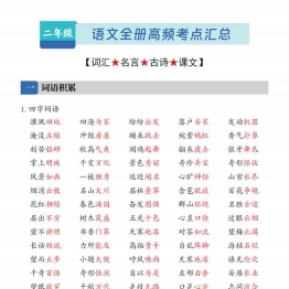 二年级上册语文全册高频考点汇总（词汇名言古诗课文），11页PDF电子版