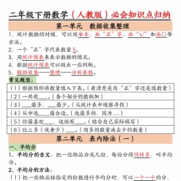 人教版二年级下册数学必会知识点归纳总结，6页PDF电子版学习资料