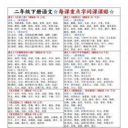 二年级下册语文每课重点字词课课贴，4页PDF可打印学习资料