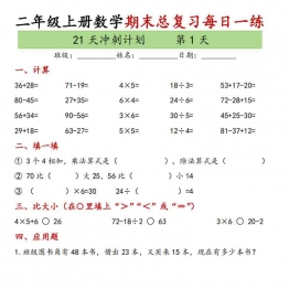二年级上册数学期末复习每日一练21天冲刺计划，有答案42页PDF可打印