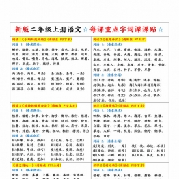 二年级上册语文每课重点字词课课贴，5页PDF可打印学习资料电子版